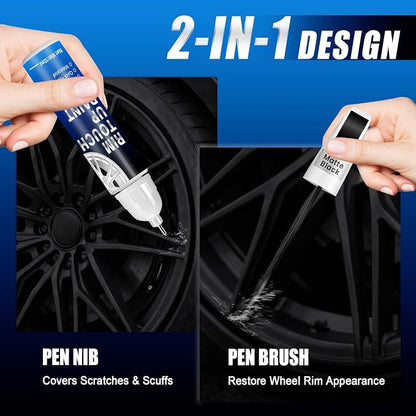 Matte Black Rim Touch Up Paint, 2-in-1 Brush & Tip, 0.4 fl oz - Universal Black Rim Curb Rash Repair Kit for Scratches, Scuffs Alloy/Metal Wheels, OEM Color Match, Quick-Dry & Long-Lasting