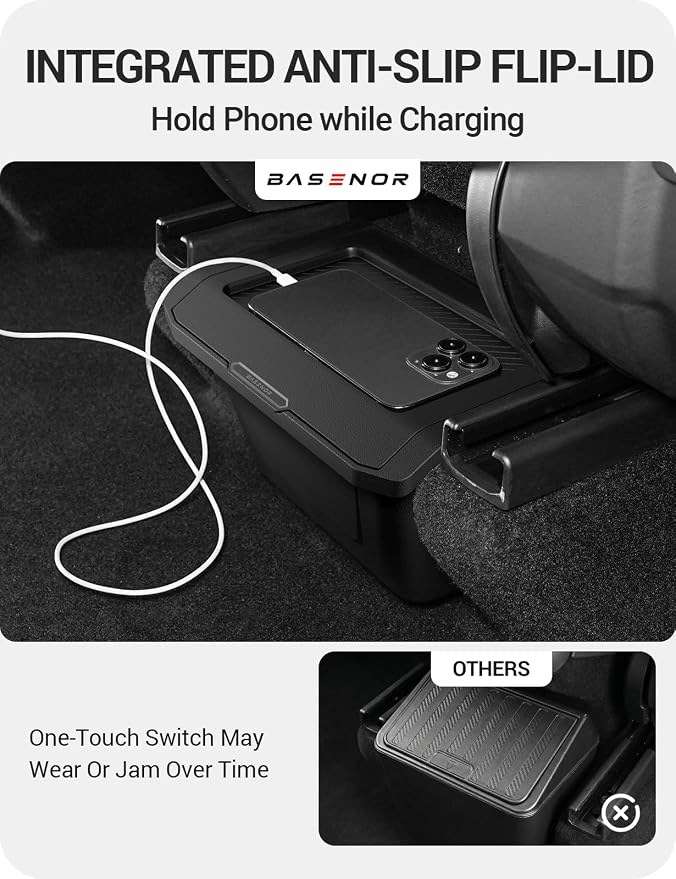 BASENOR Tesla Model Y Juniper Rear Center Console Organizer, TPE Dustproof Trash Can with Anti-Slip Lid, Garbage Bin Backseat Storage Box for 2025 2026 Model Y