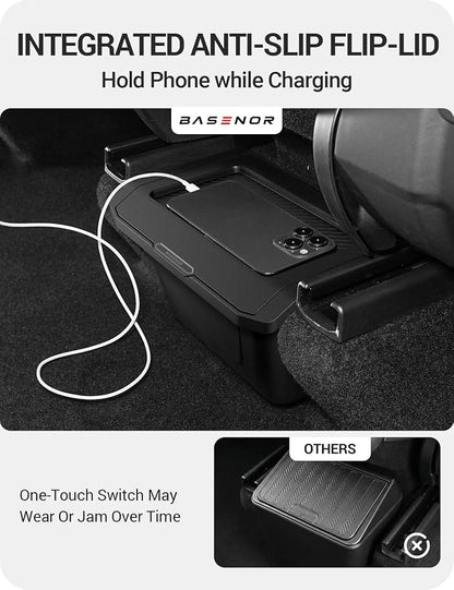 BASENOR Tesla Model Y Juniper Rear Center Console Organizer, TPE Dustproof Trash Can with Anti-Slip Lid, Garbage Bin Backseat Storage Box for 2025 2026 Model Y