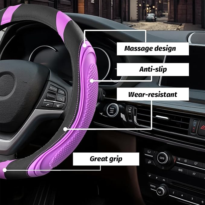 Osilly 15 Inch Car Leather Steering Wheel Cover, Automotive Accessories Elastic Breathable Anti-Slip Soft Wheel Protector Fits Men and Women, Suitable for SUVs, Trucks, Vehicles and RVs (Purple)