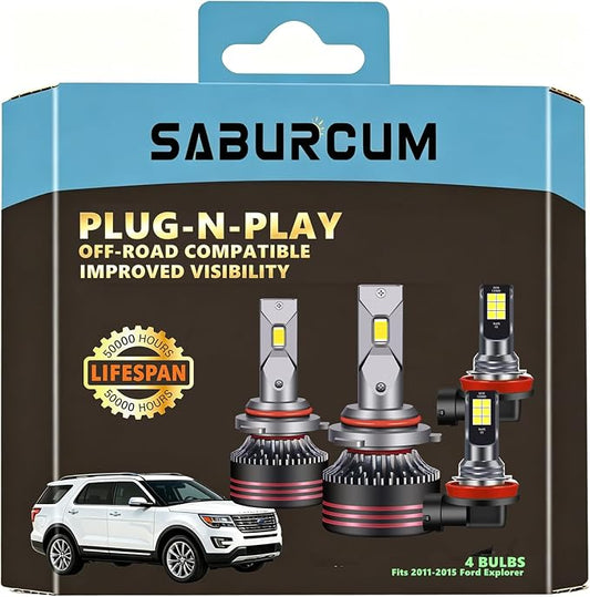 2011-2015 Ford Explorer Light Bulbs&Fog Lights Combo 6000K 40000LM | 9005 Hi-Lo Beam, H11 Foglights, 800%+ Brighter, Pure White, Powersports/Offroad Bulb, 1:1 Replacement, Plug-N-Play, 4-Pack