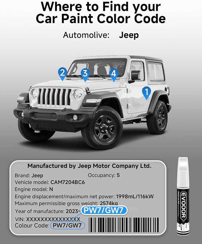 PW7/GW7 Bright White Touch Up Paint Compatible with JeepExact Match 2 in 1 Touch up Paint for Chips and Nicks Repair