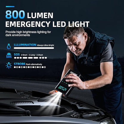 10-in-1 Portable Car Battery Jump Starter with Air Compressor, 6000A 160PSI Portable Car Jumper Starter (All Gas 12L Diesel), 12V Jump Box Car Battery Jump Starter with Jumper Cables, Lights