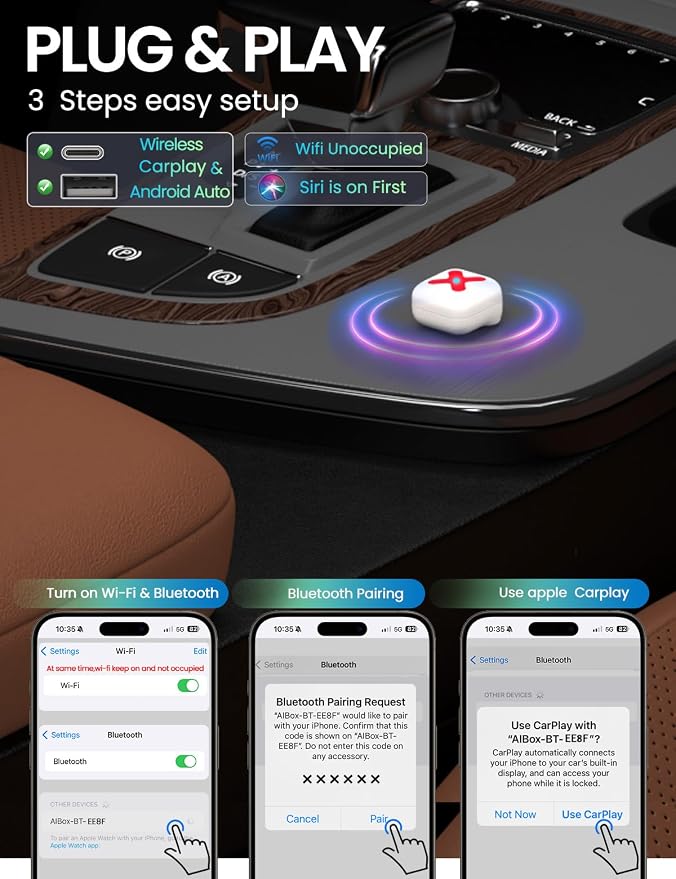 Mini Wireless CarPlay Adapter, Compact Design 2-in-1 CarPlay & Android Auto,Converts Wired to Wireless Carplay Adapter for iPhone iOS 6+/ Android 11+, Wireless Control Plug & Play, No Delay.