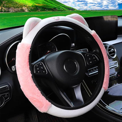 Bittwee Car Steering Wheel Cover, Fluffy Soft Plush for Winter Warm, Cute Steering Wheel Protector with Kitty Cat Ears, Universal 15 Inch, Elastic & Anti-Slip, Lovely Decor Car Accessories (Pink)