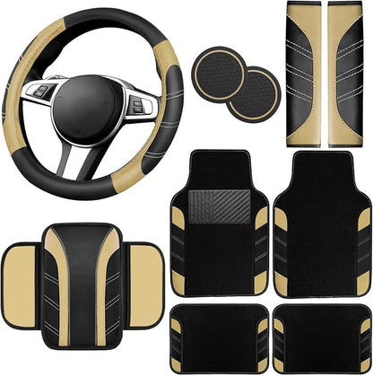 NBTEPEM 10 Pcs Car Floor Mats Full Set & Sport Leather Steering Wheel Cover 14.5-15 inch, Center Console Cover, Seat Belt Cushion, Cup Holder Coaster, Universal Automobile Interior Sets (Beige)