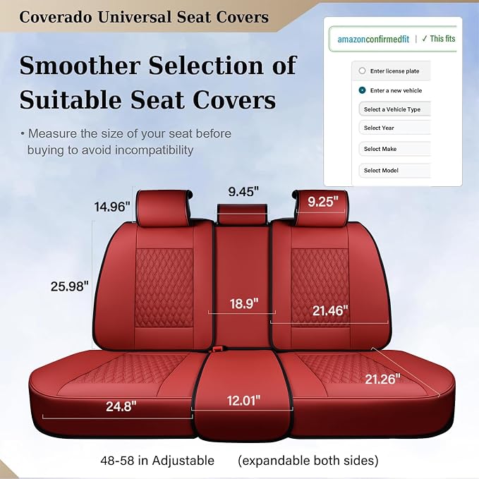 Coverado Rear Seat Covers, Leather Seat Cover for Car, Universal Waterproof Automotive Seat Cushion Protector for Most Cars Trucks SUV (Red)