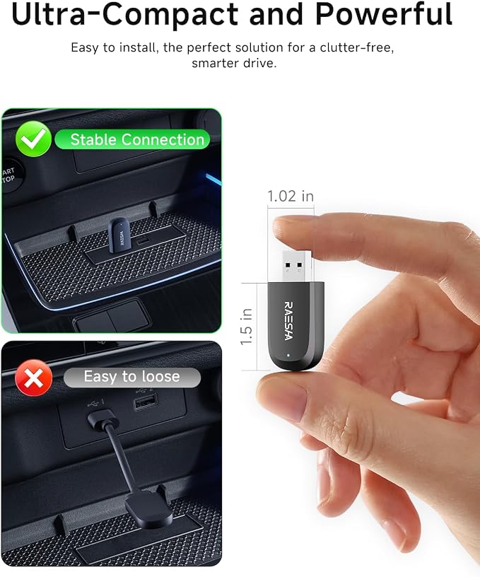 RAESHA Wireless CarPlay Adapter – Mini 2 in 1 Wireless CarPlay Adapter for Both Apple CarPlay and Android Auto – Easy Installation, Clutter-Free, and Seamless Control with Ultra-Fast Connection
