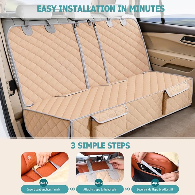 Bark Lover Dog Car Seat Cover for Back Seat,Armrest Compatible, Waterproof Backseat Protector, Nonslip Rear Seat Cover for Dogs & Kids, Universal Size Fits Cars Trucks SUVs (Beige)