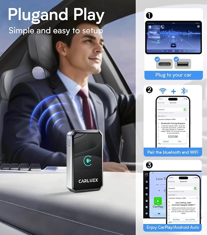2 in1 Wireless CarPlay Adapter for Apple & Android Auto Adapter, Mini,2025- Bluetooth 5.3 & WiFi 6 with Millisecond Fast Connection, Wired to W++ Compatible with Original Wired Cars & iPhone6+/iOS10+