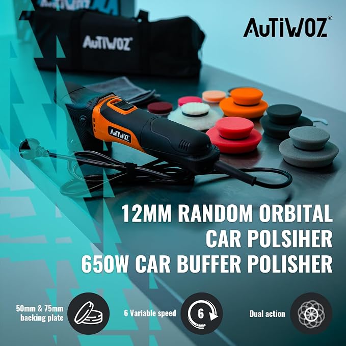 AUTIWOZ Carbon Fiber Mini Car Buffer Polisher, 630W Copper Motor 12mm Orbit, 2&3Inch Dual Action Polisher for Car Detailing, 2500-7000RPM with Soft Start, 3M Corded Auto Electric Polishing Machine