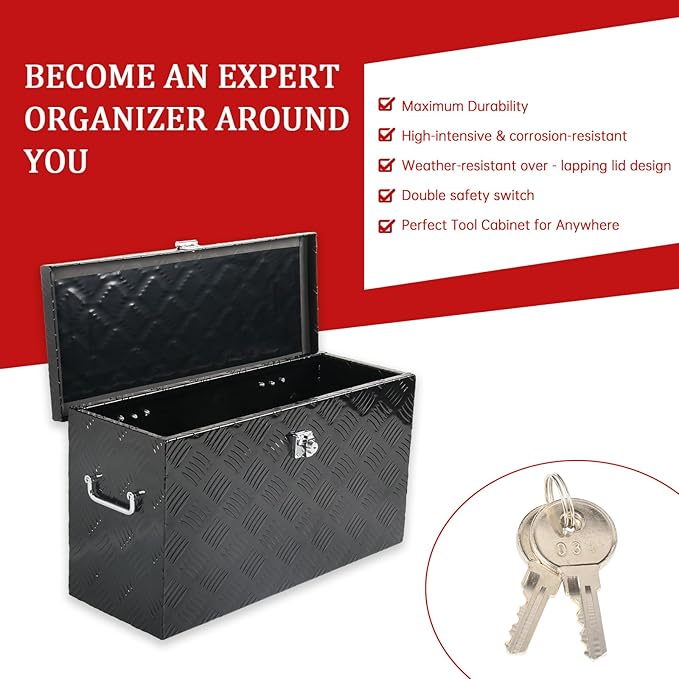 24'' Inch Stripes Plated ATV UTV Aluminum Tool Box Truck Bed Toolbox Waterproof Square Storage Organizer with Lock and Keys Black(‎24" L x 9.5" W x 12.5" H)