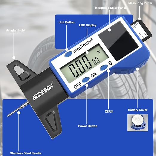 GODESON Digital Tire Tread Depth Gauge – 3 Modes-Fraction/Inch/MM Display, Solar & Battery Hybrid,1” (25.4mm/32NDS) Range, Blue Tire Wear Measure Tool for All Vehicles (Car, Truck, SUV)