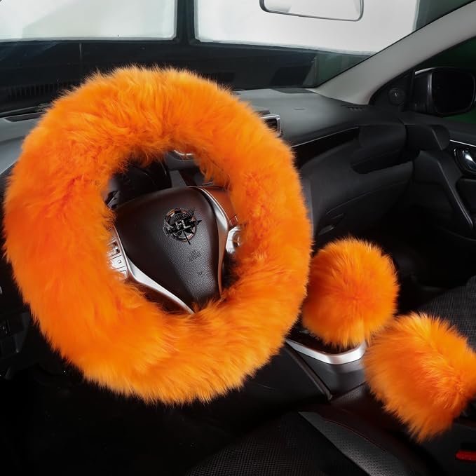 Fuzzy Genuine Sheepskin Steering Wheel Cover Set for Women Parents-Fluffy Soft Australian Merino Wool Wrap with Gear Shift and Hand Brake Covers, Cozy Stylish Luxury Car Accessories (Orange)