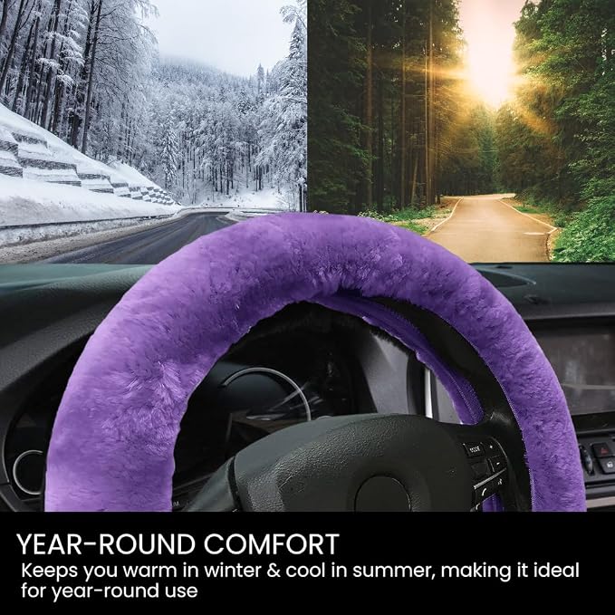 Andalus Brands Luxury Fluffy Car Steering Wheel Covers – Genuine Merino Sheepskin, Soft Fuzzy Car Steering Wheel Cover for Women, Universal 14.5-15" Size, Plush Fur Cute Auto Accessories, Purple