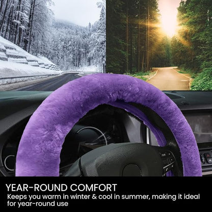 Andalus Brands Luxury Fluffy Car Steering Wheel Covers – Genuine Merino Sheepskin, Soft Fuzzy Car Steering Wheel Cover for Women, Universal 14.5-15" Size, Plush Fur Cute Auto Accessories, Purple