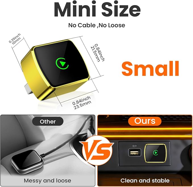 Wireless CarPlay Adapter for iPhone - Plug and Play, Converts Wired to Wireless, Stable Connection Without Delay, Compatible with iOS 10+ & 800+ Car Models, Not for Android 2025 (Gold)