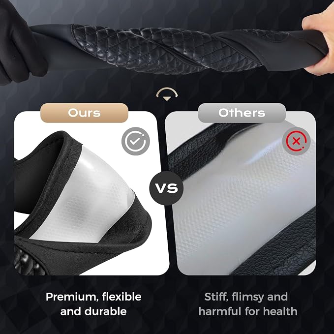 Coverado Nappa Leather Steering Wheel Cover Universal 14-15 Inch Anti-Slip Breathable Steering Wheel Protector Luxury Auto Decor for Men Women Blackline
