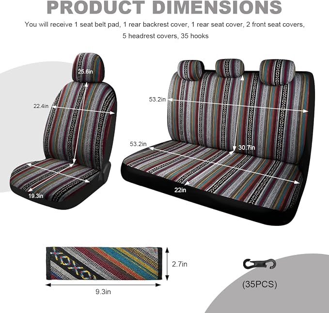 10 PCS Baja Saddle Blanket Car Seat Covers, Full Set Breathable Striped Woven Auto Seat Protector, Hippie Boho Airbag Compatible Seats Covers for Most Cars, SUVs, Trucks
