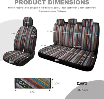 10 PCS Baja Saddle Blanket Car Seat Covers, Full Set Breathable Striped Woven Auto Seat Protector, Hippie Boho Airbag Compatible Seats Covers for Most Cars, SUVs, Trucks