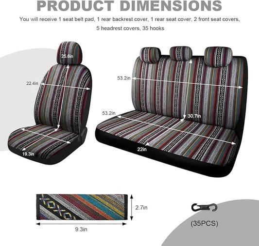 10 PCS Baja Saddle Blanket Car Seat Covers, Full Set Breathable Striped Woven Auto Seat Protector, Hippie Boho Airbag Compatible Seats Covers for Most Cars, SUVs, Trucks
