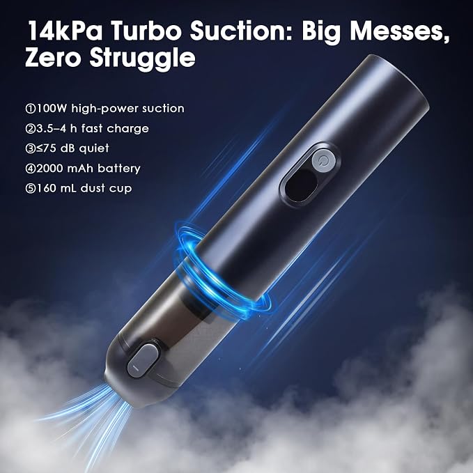 Cordless Car Vacuum Cleaner, 4-in-1 Mini Handheld Vacuum with Blower/Inflator/Deflator, 14kPa Suction, 2 Modes, Type-C Rechargeable for Car, Desk, Keyboard
