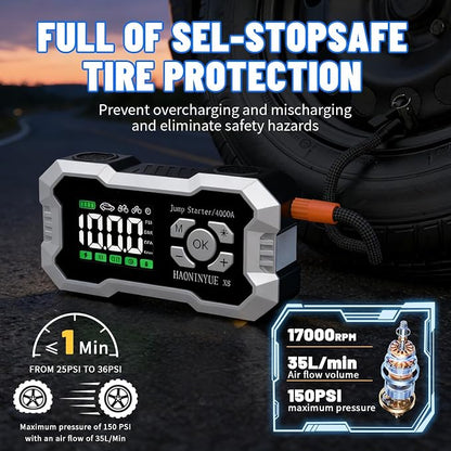 4000A Car Battery Jumper Starter, Battery Jumper Starter Portable (8.0LGas/6L Diesel), 16000mAh Charging Jump Box, Portable Car Jump Starter with Jumper Cables and 600LM LED Light