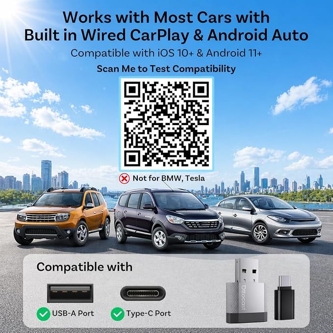 OTTOCAST Mini Nova, 2 in 1 New Gen Wireless Carplay & Android Auto Adapter, Plug & Play, Auto Reconnect USB Dongle, Compatible with OEM Wired Carplay/Android Auto Cars