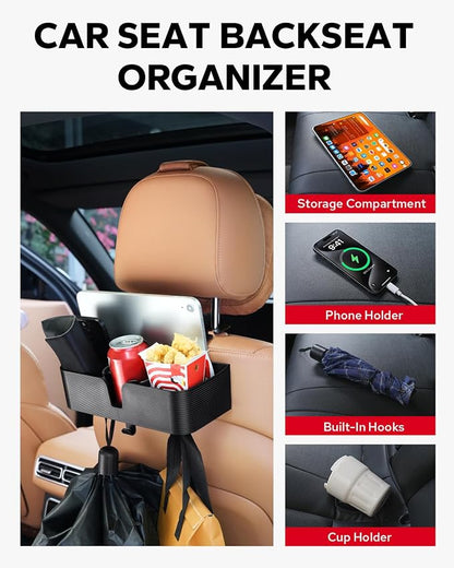 Amazicha Car Headrest Backseat Organizer with Hooks, 3 in 1 Seat Back Organizer Headrest with 3.7inch Cup Holder for Car Backseat Travel Accessories, 2PCS