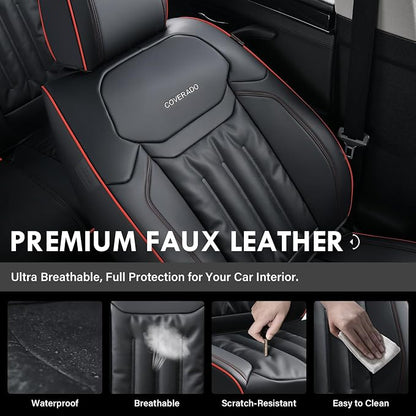 Coverado Car Seat Covers, Full Set Seat Covers for Cars 5 Seats, Car Seat Protector, Waterproof Nappa Leather Car Seat Cushion, Universal Fit for Most Cars, Black&Red Line