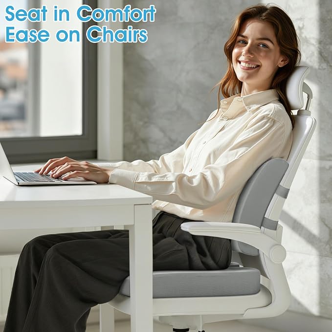 CushZone Ergonomic Seat Cushion & Lumbar Support Pillow - Memory Foam for Sciatica Pain Relief & Posture Correction, Non-Slip Chair Cushions for Office Chair/Car/Wheelchair/Travel, Light Grey