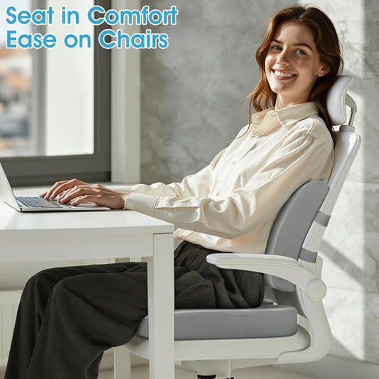 CushZone Ergonomic Seat Cushion & Lumbar Support Pillow - Memory Foam for Sciatica Pain Relief & Posture Correction, Non-Slip Chair Cushions for Office Chair/Car/Wheelchair/Travel, Light Grey