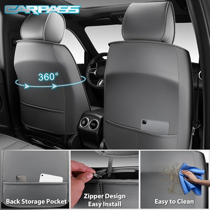 CAR PASS Nappa Leather Seat Covers, Universal FIT Piping Leather Car Seat Covers Full Set for Cars,SUV,Truck 3D Foam Waterproof Luxury Seat Covers 5 Seats, Comfort Durable Airbag Compatible All Gray