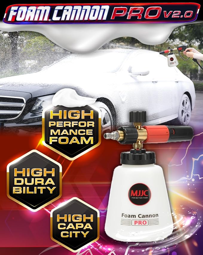 MJJC Foam Cannon Pro V2.0 (Thicker Snow Foam Technology) with 1/4 Inch Quick Connector for Pressure Washer, 40 oz Bottle (Pro V2.0 (1/4" Quick Connector) + SOAP Sample)