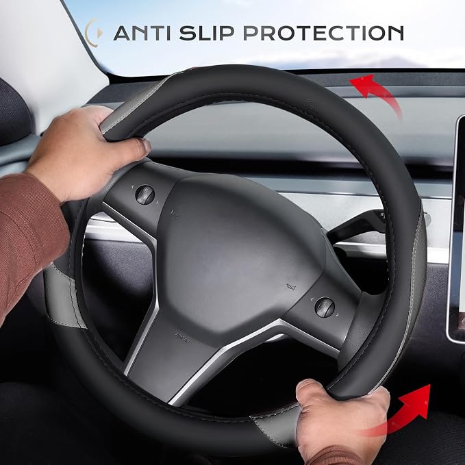 Coverado Nappa Leather Steering Wheel Cover Universal 14-15 Inch Anti-Slip Breathable Steering Wheel Protector Luxury Auto Decor for Men Women Black Gray