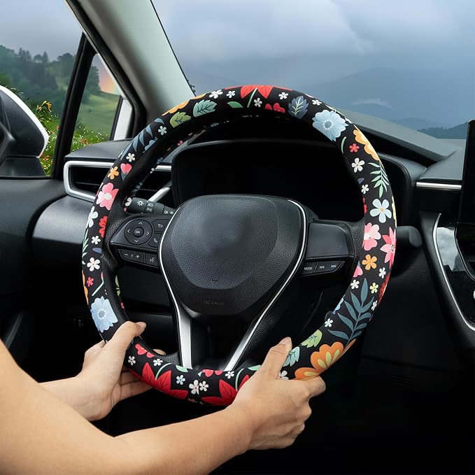 Colorful Floral Flowers Steering Wheel Cover Auto Steering Wheel Protector, Anti-Slip, Breathable, Absorbing Sweat, Universal Floral Car Accessories 14.5–15 inch