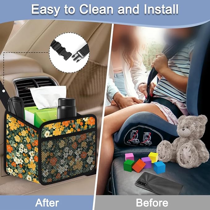 Car Backseat Organizer, PU Leather Back of Seat Cars Hanging Organizer with Pockets Leakproof Car Garbage Bag Hanging Cars Seat Storage Box Travel Accessories Foldable (Flowers Green)
