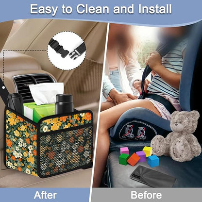 Car Backseat Organizer, PU Leather Back of Seat Cars Hanging Organizer with Pockets Leakproof Car Garbage Bag Hanging Cars Seat Storage Box Travel Accessories Foldable (Flowers Green)