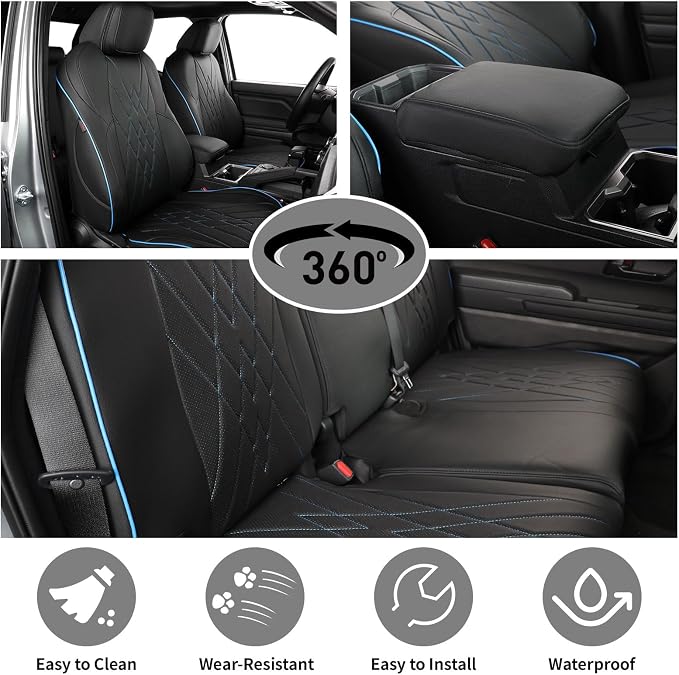 EKR Tacoma Car Seat Covers Custom Fit for Toyota Tacoma (Petrol) 2024 2025 2026 DoubleCab/CrewCab SR/SR5/TRD Sport/TRD Off-Road/Limited -Truck Seat Covers Full Set,Faux Leather (Black with Blue Trim)