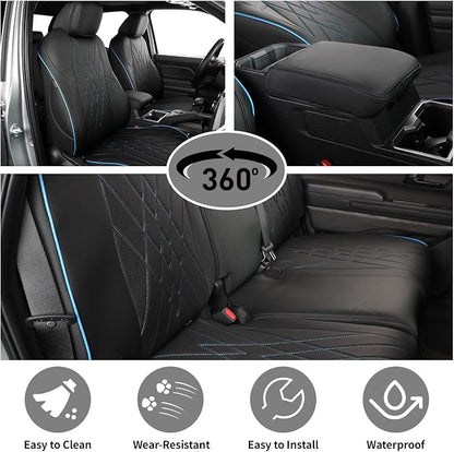 EKR Tacoma Car Seat Covers Custom Fit for Toyota Tacoma (Petrol) 2024 2025 2026 DoubleCab/CrewCab SR/SR5/TRD Sport/TRD Off-Road/Limited -Truck Seat Covers Full Set,Faux Leather (Black with Blue Trim)