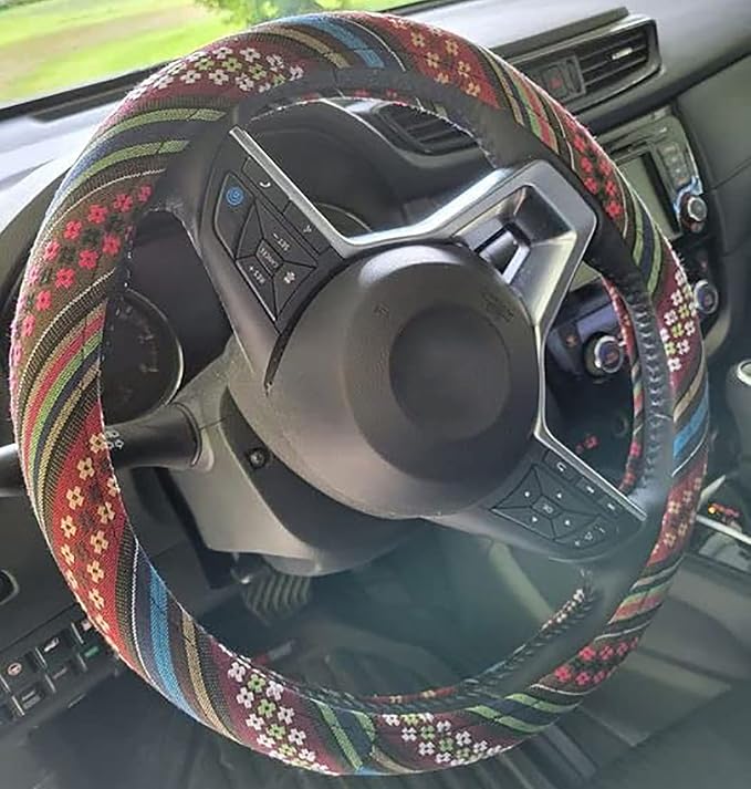 Boho Steering Wheel Cover for Women Men Baja Blanket Enthic Car Steering Wheel Cover Ethnic Car SUV Wheel Protector, Breathable, Anti-Slip, Odorless, Universal Fit 14.5-15 Inch