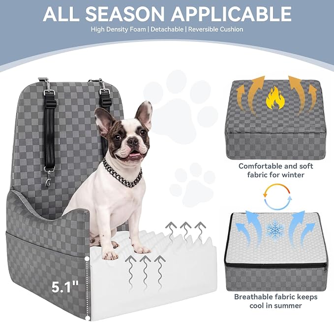 PETSFIT Dog Car Seat for Small/Medium Dogs Up to 35 lbs – Patented Safety System, 5" Memory Foam Pet Booster Car Seat, Fully Detachable and Washable Dog Carseat with 2 Storage Pockets (Grey)