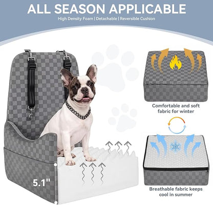 PETSFIT Dog Car Seat for Small/Medium Dogs Up to 35 lbs – Patented Safety System, 5" Memory Foam Pet Booster Car Seat, Fully Detachable and Washable Dog Carseat with 2 Storage Pockets (Grey)