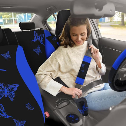 BBTO 43 Pcs Butterfly Car Seat Full Set Butterfly Car Accessories for Women 5 Front Rear Seat Covers Wrist Strap 2 Pcs Cup Mat Armrest Pad 2 Belt Xmas Cover Accessories for SUV(Blue, Black)