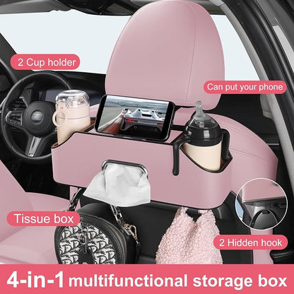 Car Rear Backseat Extra Multifunctional Drink Cup Holder Organizers with Tissue Storage Box Organizer & Hooks for Car Seat Back. Pink
