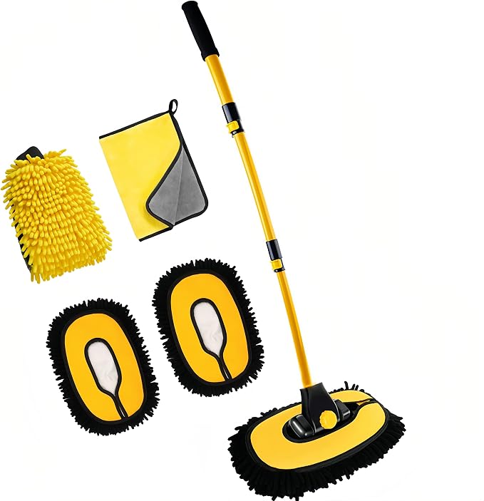 MVEQRRN Upgrade Car Wash Brush Mop with Long Handle,Chenille Microfiber Car Wash Brush Car Cleaning Brush Kit Car Wash Mop Supplies Car Washing Brush with Scratch-Free Replacement Head