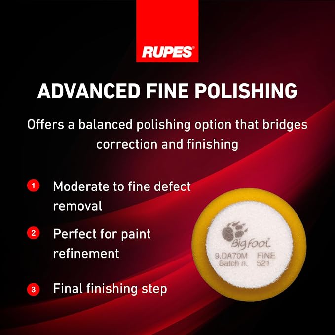 RUPES 9.DA70M/4 Pack of 4 Yellow D-A Fine Finishing Foam Pads 70mm | Ideal for Paint Correction & Gloss Enhancement | Moderate to Fine Defect Removal | Compatible with 2" Backing Plate
