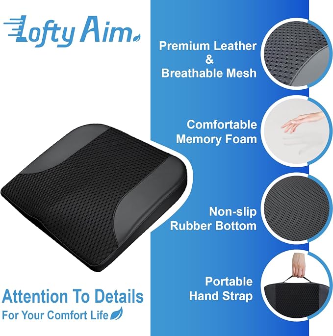 Lofty Aim Car Seat Cushion, Comfortable Memory Foam Seat Pillow for Driving, Sciatica-Back Pain Relief, Cushion for Car-Truck, Office, Wheelchair - Black