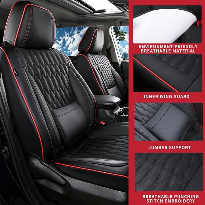 Car Seat Covers, Luxury Breathable Waterproof Faux Leatherette Car Seat Covers Cushion Protectors with Lumbar Support, Car Seat Cushion, Universal Fit Most Cars (Black, Front Seats - 2 PCS)