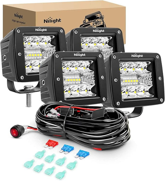 Nilight 4PCS LED Pods 3Inch 42W LED Cubes Upgraded Spot Flood Combo Driving Backup Reverse Light Bar w/Off Road Wiring Harness Kit -4 Leads for Pickup Car Trucks ATV UTV SUV, 2 Years Warranty